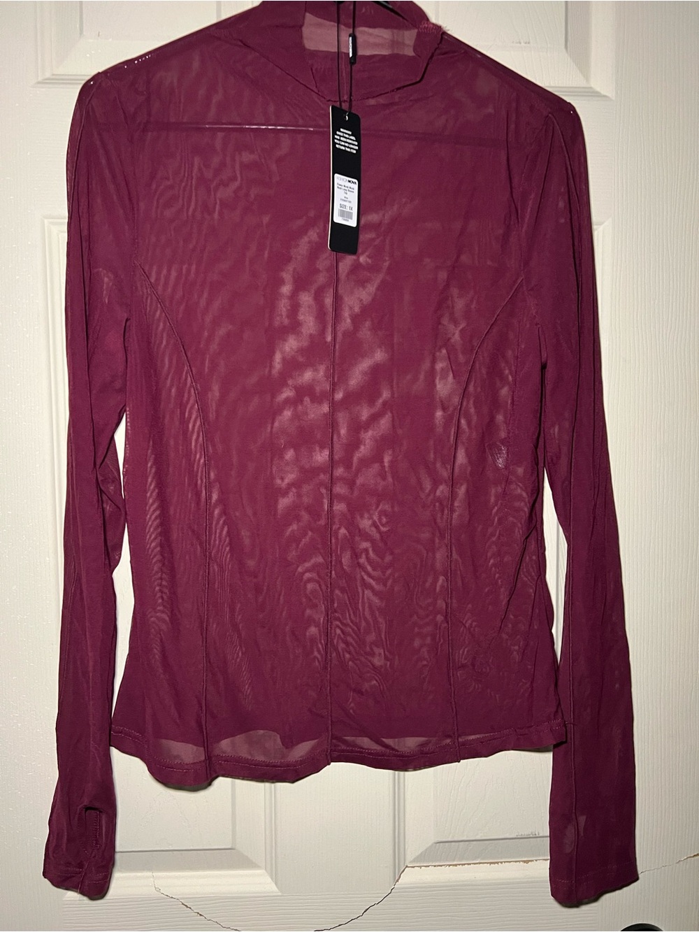 Sheer Long-Sleeve Zip Front Top - Burgundy and black